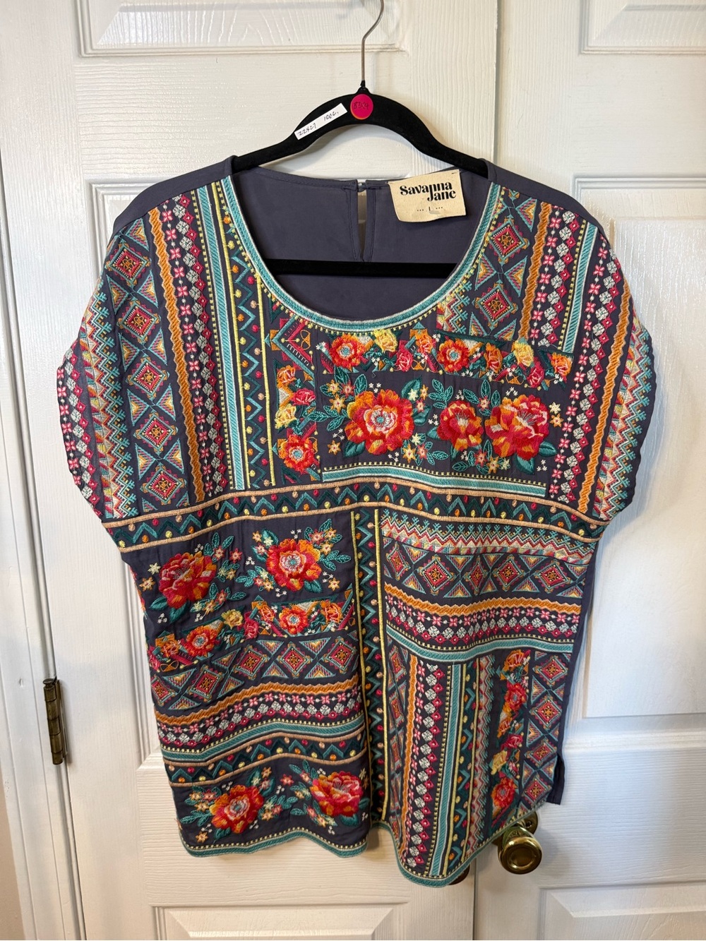Savanna Jane Charcoal Patchwork Floral Scoop Neck Top with Red Accents